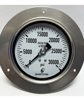 30000 Psi pressure gauge front flage panel mount stainless high pressure gauges 4" Dia. glycerin filled 1/4" female HP - SS-4-FLB-30K Quartz USA in Houston