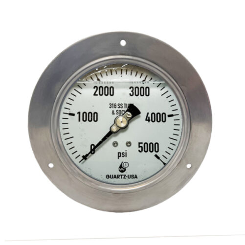 5000 Psi pressure gauge front flage panel mount stainless high pressure gauges 4" Dia. glycerin filled 1/4" male NPT - SS-4-FLB-5K Quartz USA in Houston